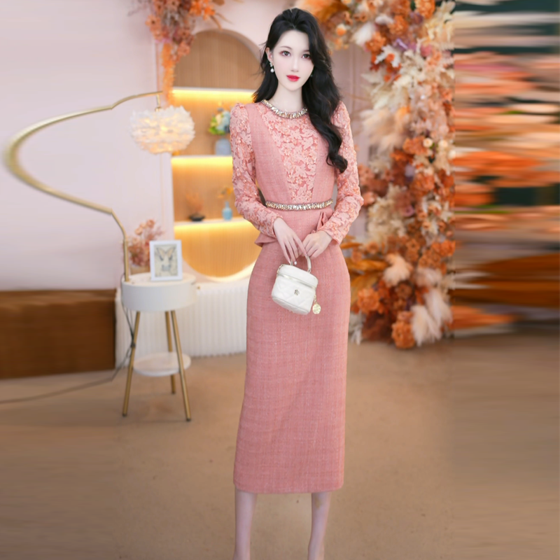 秋冬新款女装钉珠高贵气质长袖轻奢收腰遮肚显瘦小香连衣裙25132