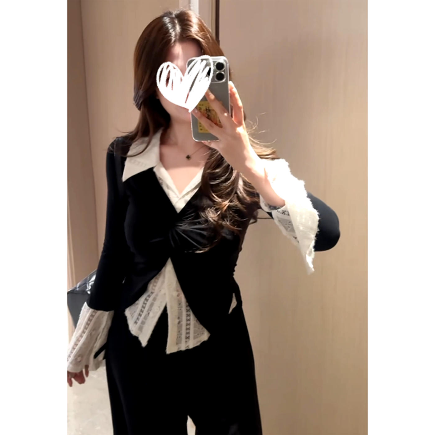 秋季法式气质高级感正肩假两件Polo领长袖t恤修身拼接蕾丝女上衣