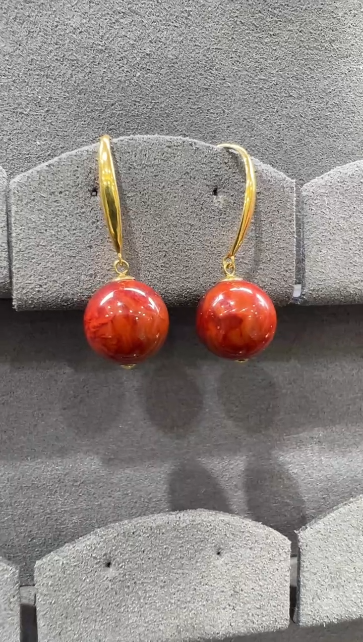 【闪购商品】南红玛瑙耳饰18K金镶嵌收藏级火焰纹10mm耳钩一对