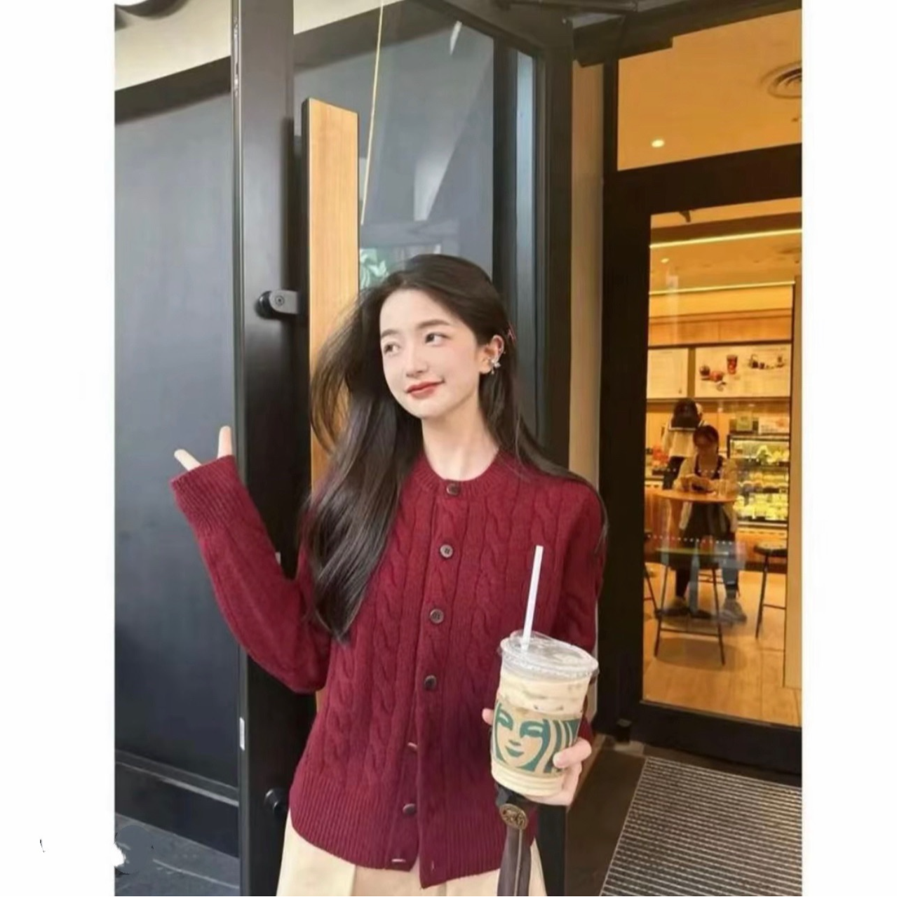 哥弟 山羊绒品质羊毛衫麻花纹纯色简约百搭绵羊毛针织开衫1499248