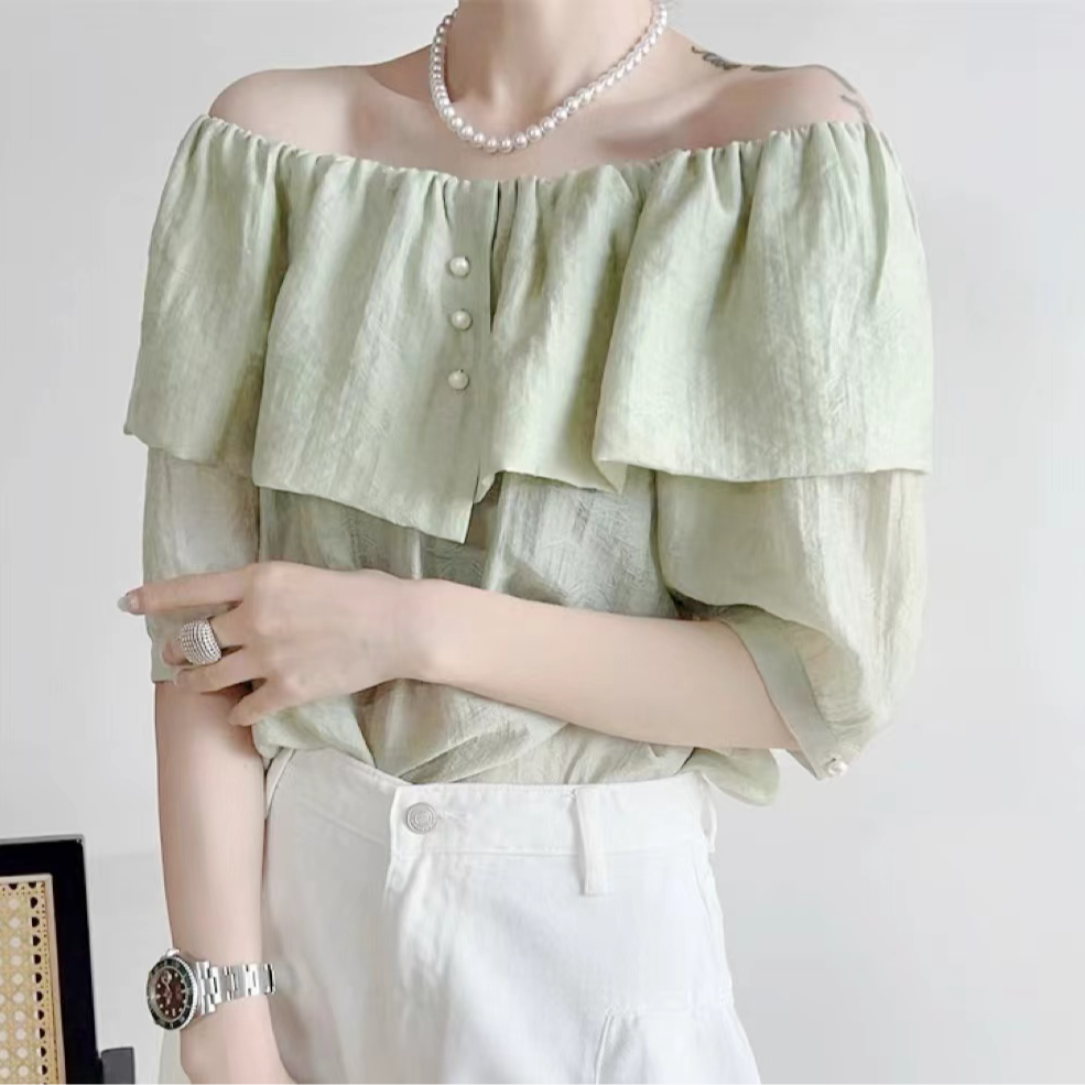 C326浅绿珍珠荷叶领衬衫6625
