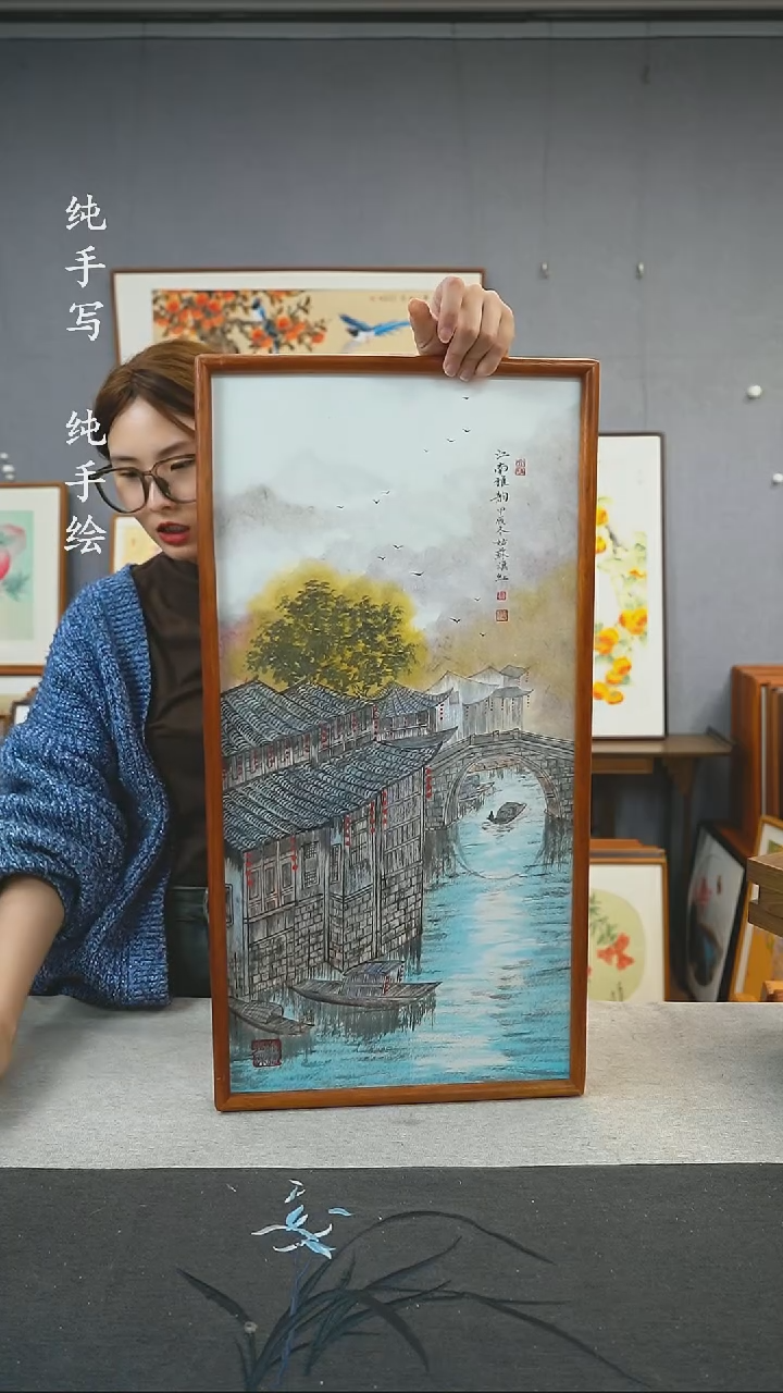 【闪购商品】国画金旗红-手绘带框作品-35*68-水乡