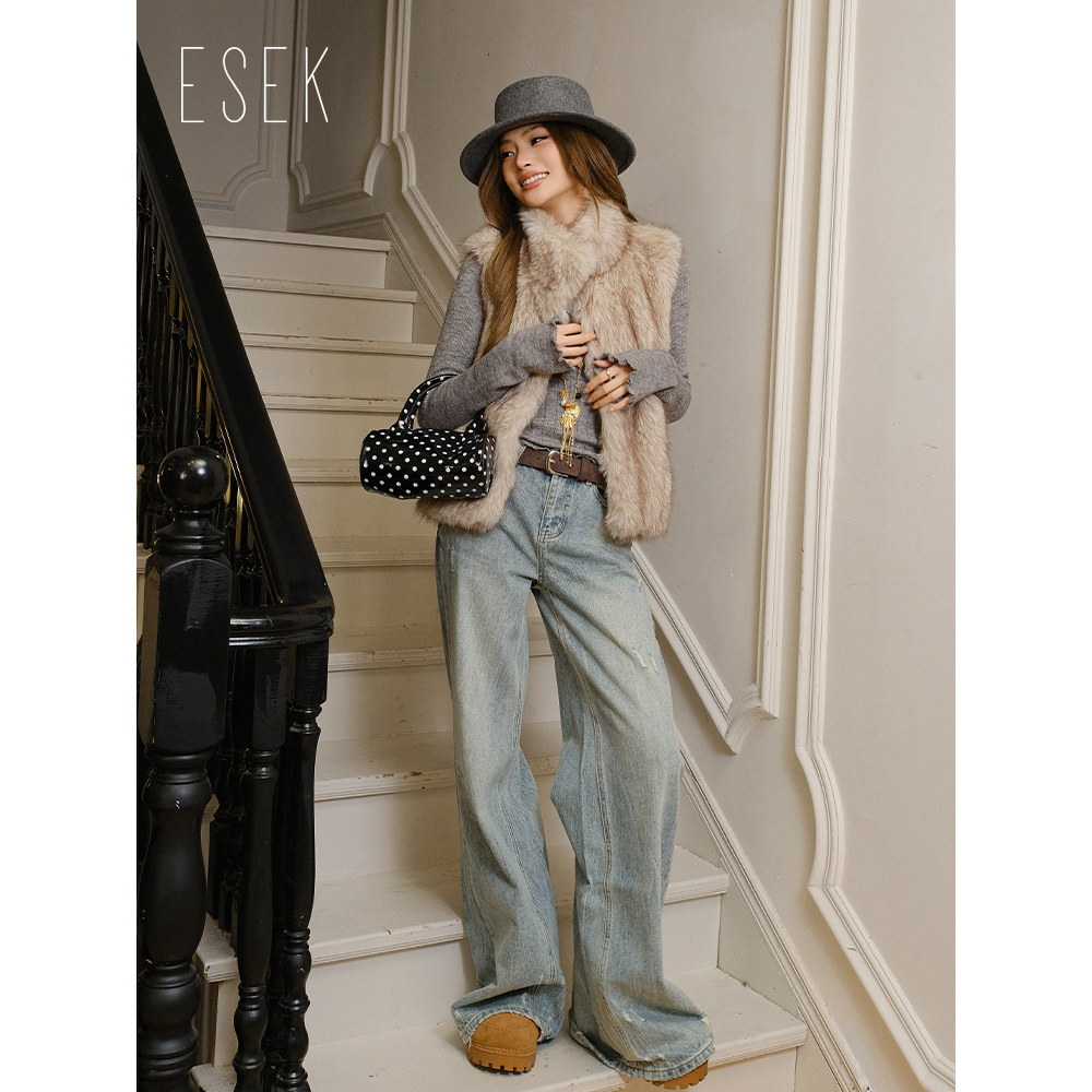 ESEK 秋冬季仿灵云狐立领款皮草保暖百搭休闲时尚马甲