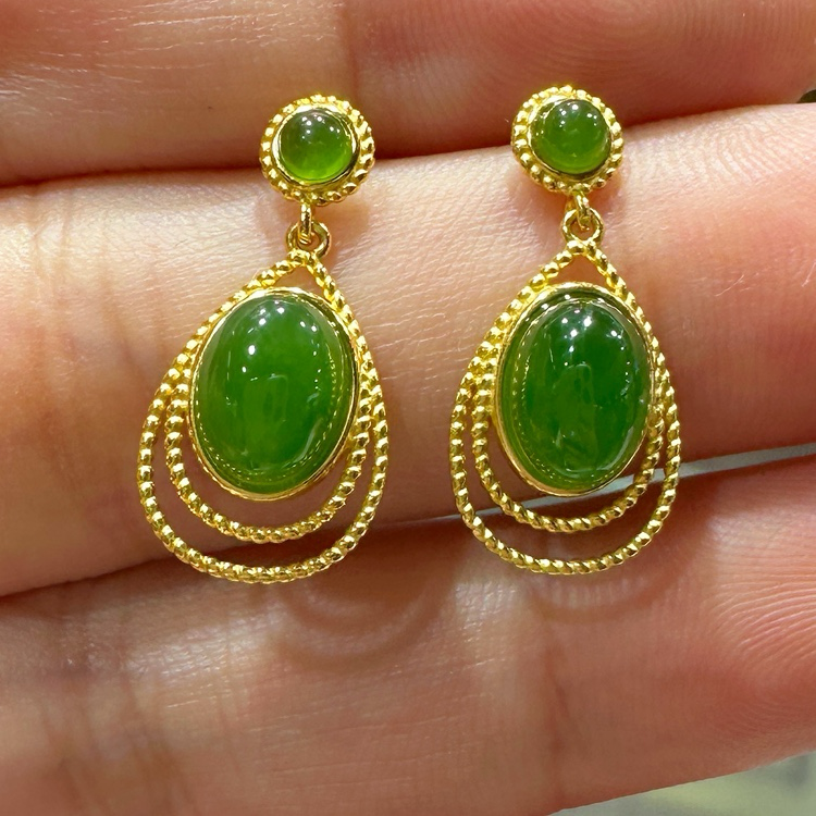 天然碧玉和田玉耳坠s925银镶嵌时尚阳绿俄料碧玉女款耳钉25×10mm