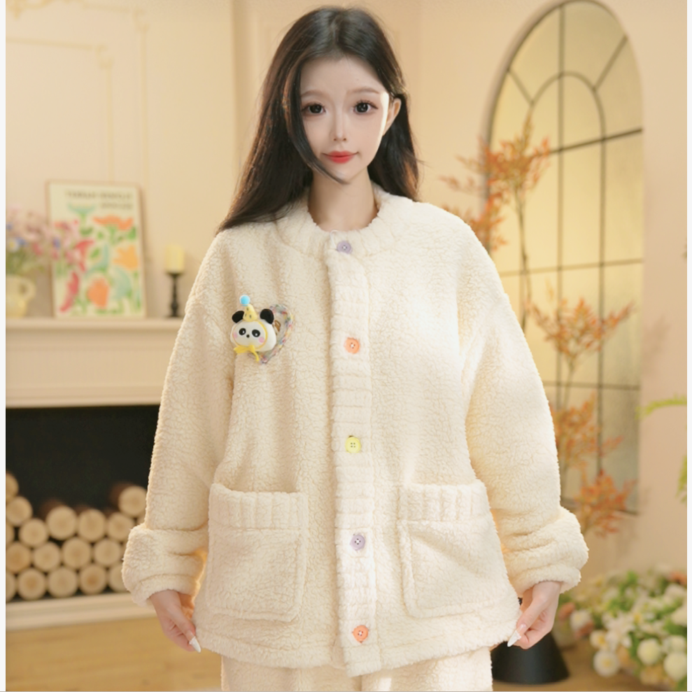 【熊猫派对】 H冬季新款长袖加绒家居服秋冬季加绒加厚保暖舒适睡衣