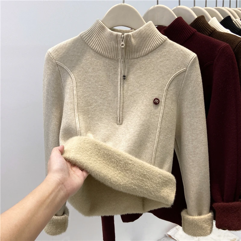 加绒加厚洋气针织毛衣女秋冬新款保暖内搭一体绒半拉链高领打底衫