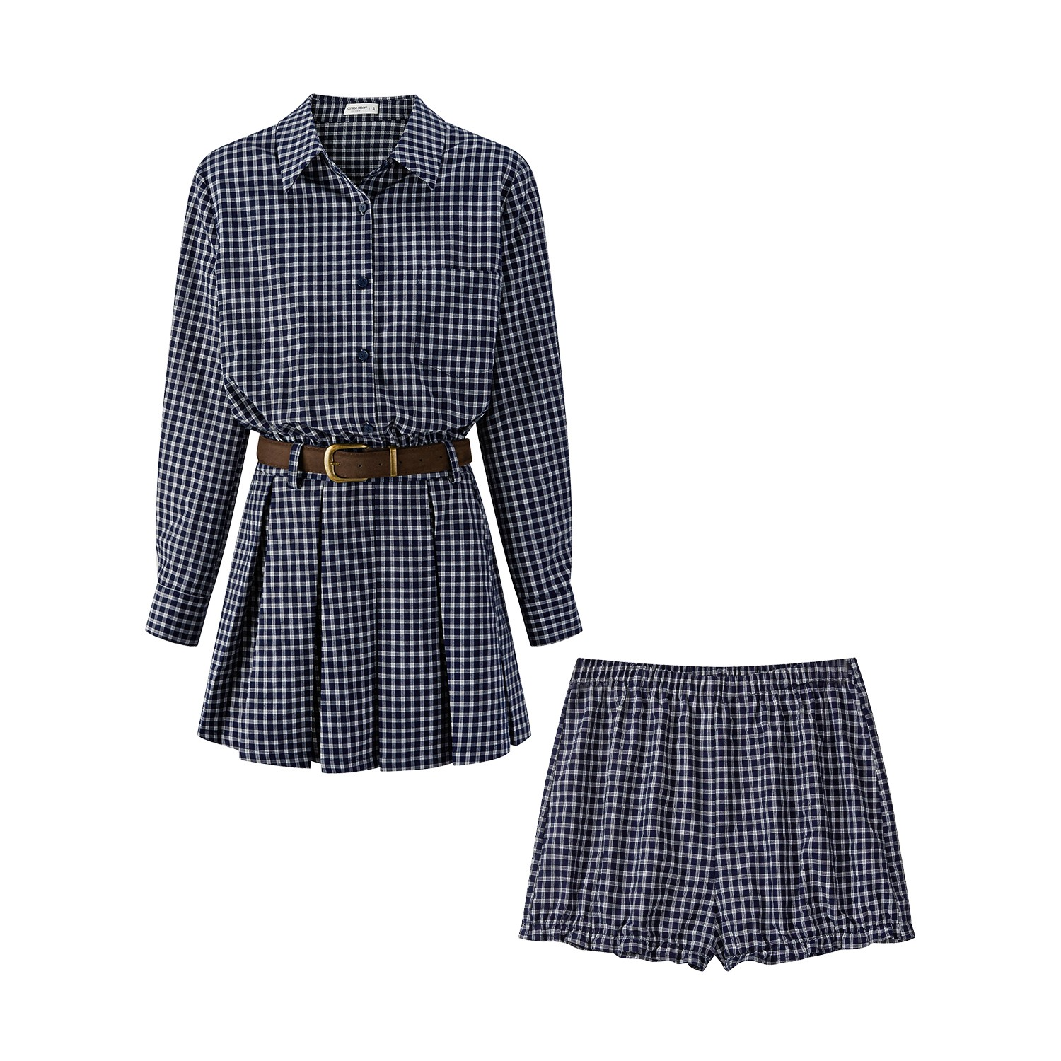 羊城故事-复古格子长袖连衣裙女时尚收腰a字百褶短裙Y50954194