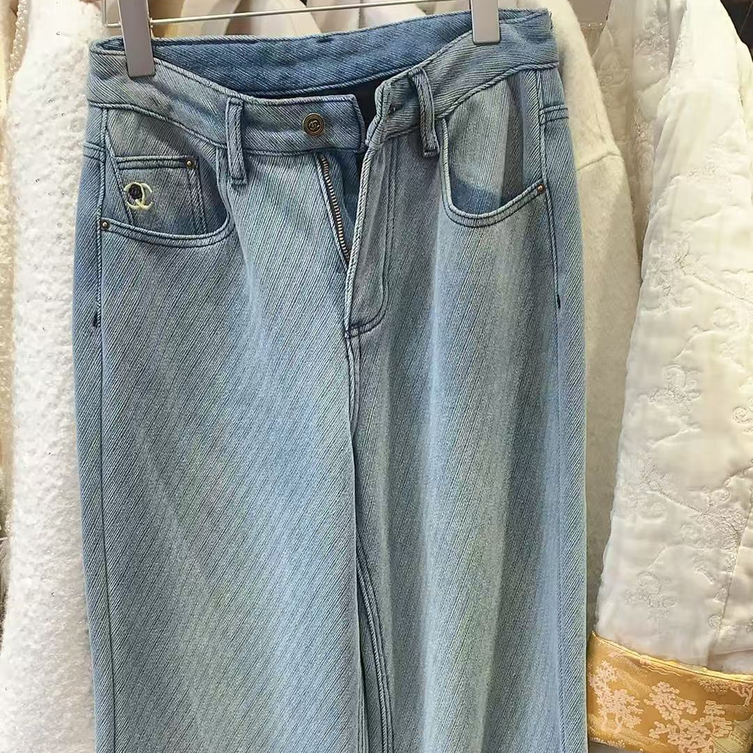 牛仔裤蓝色高腰直筒时尚休闲百搭水洗开叉宽松破洞老爹裤