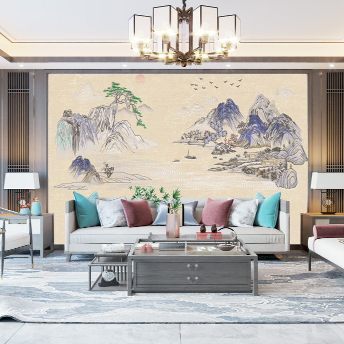 新中式刺绣工艺山水系列溪山隐秀客厅背景墙布尺寸可定制