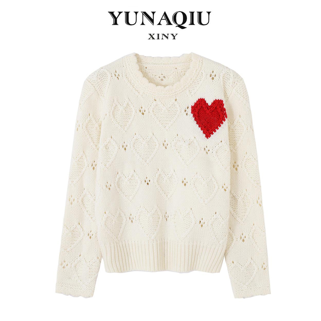 法式小香宽松镂空白色爱心针织衫秋冬奶系减龄毛衣女-6062