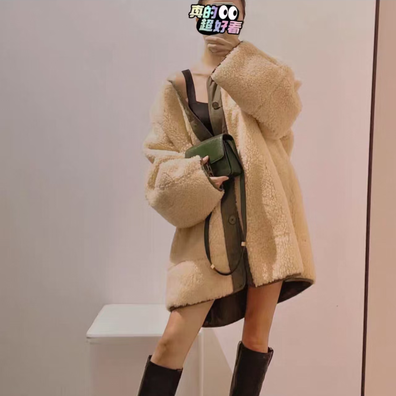 99新 Celine/思琳  CELINE 赛琳 米色羊羔毛拼接军绿色外套/ll73