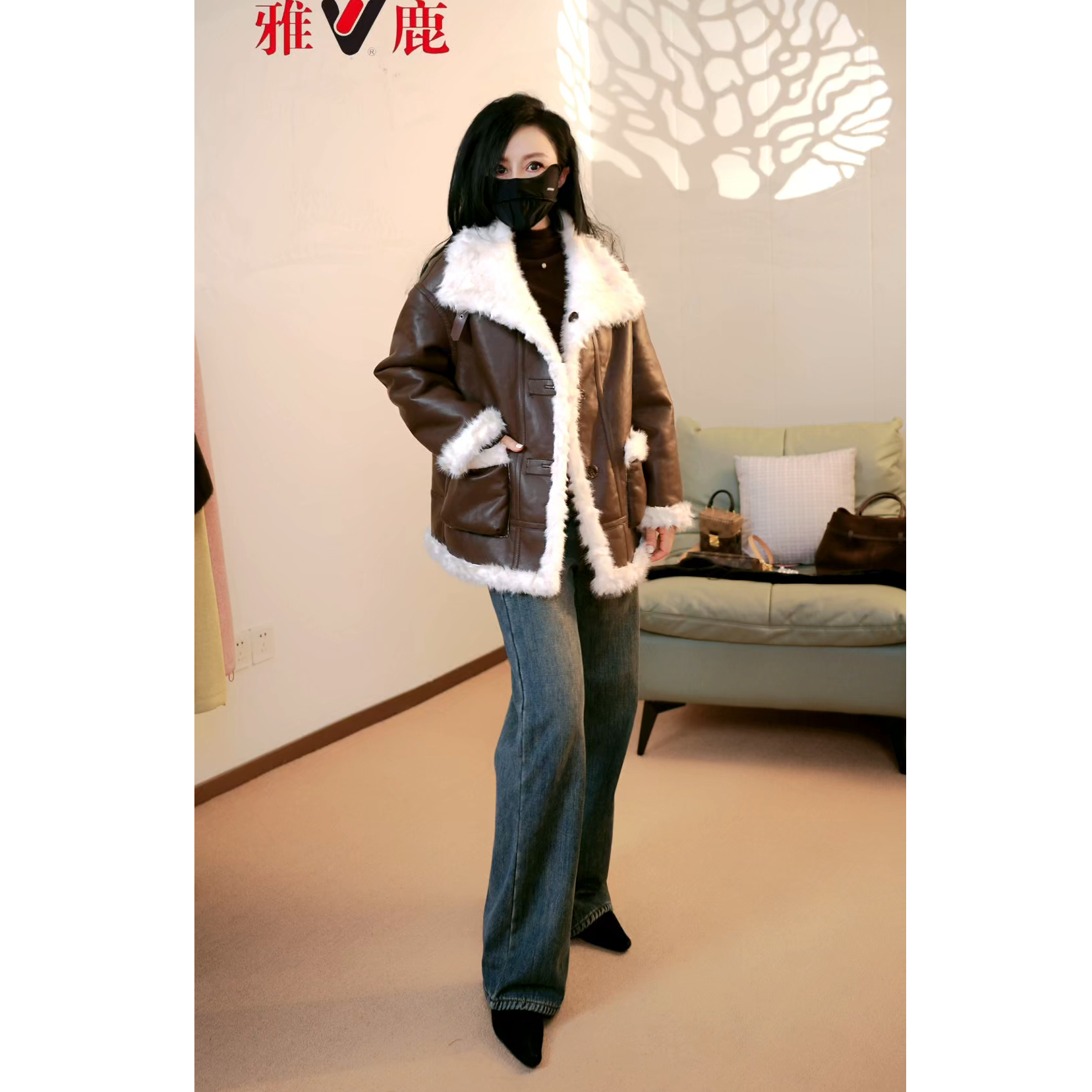 V/雅鹿冬季新款毛毛立领中长款外套时尚休闲气质宽松双面双穿