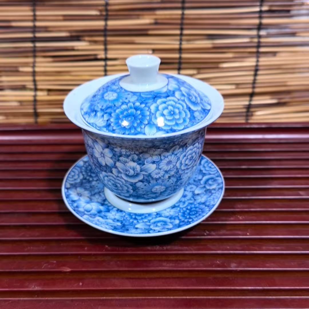 63 青花万花陶瓷三才盖碗青瓷