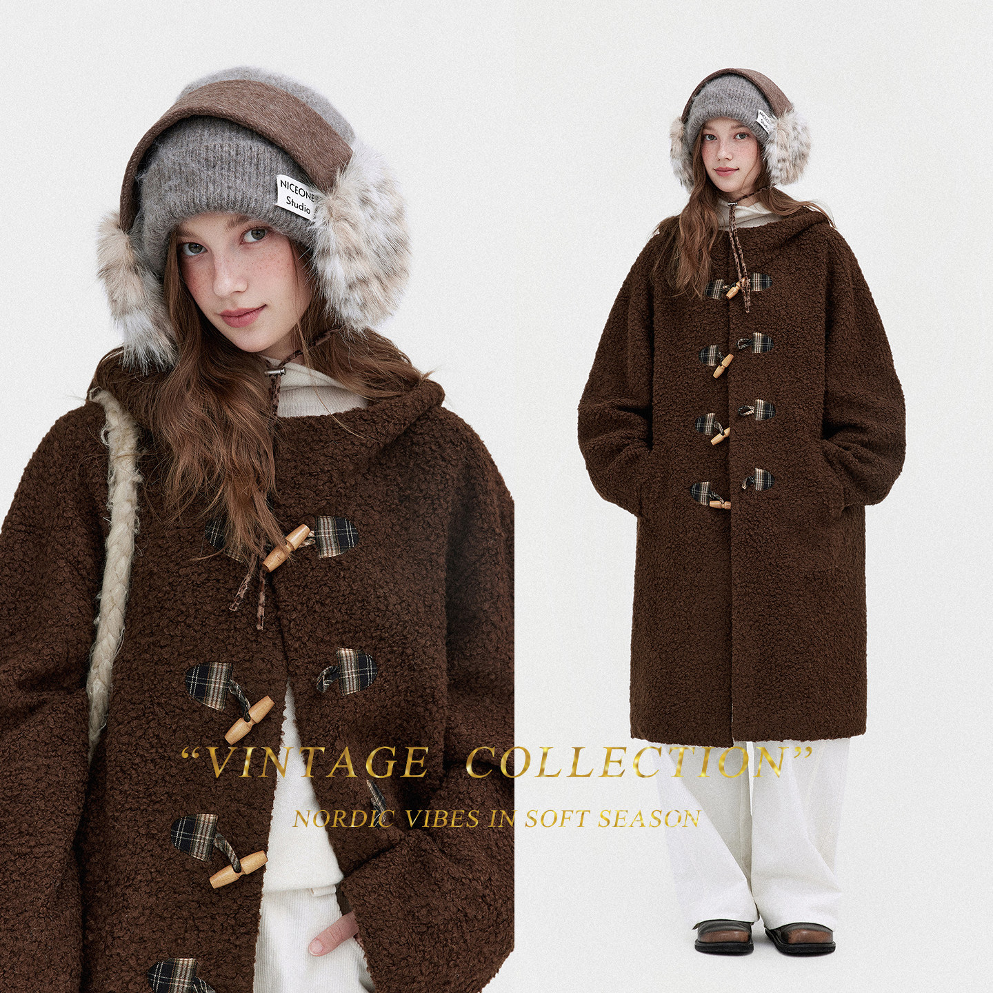 LETM哥哈女孩的暖冬'复古圈圈羊毛格纹拼接牛角扣呢大衣外套女