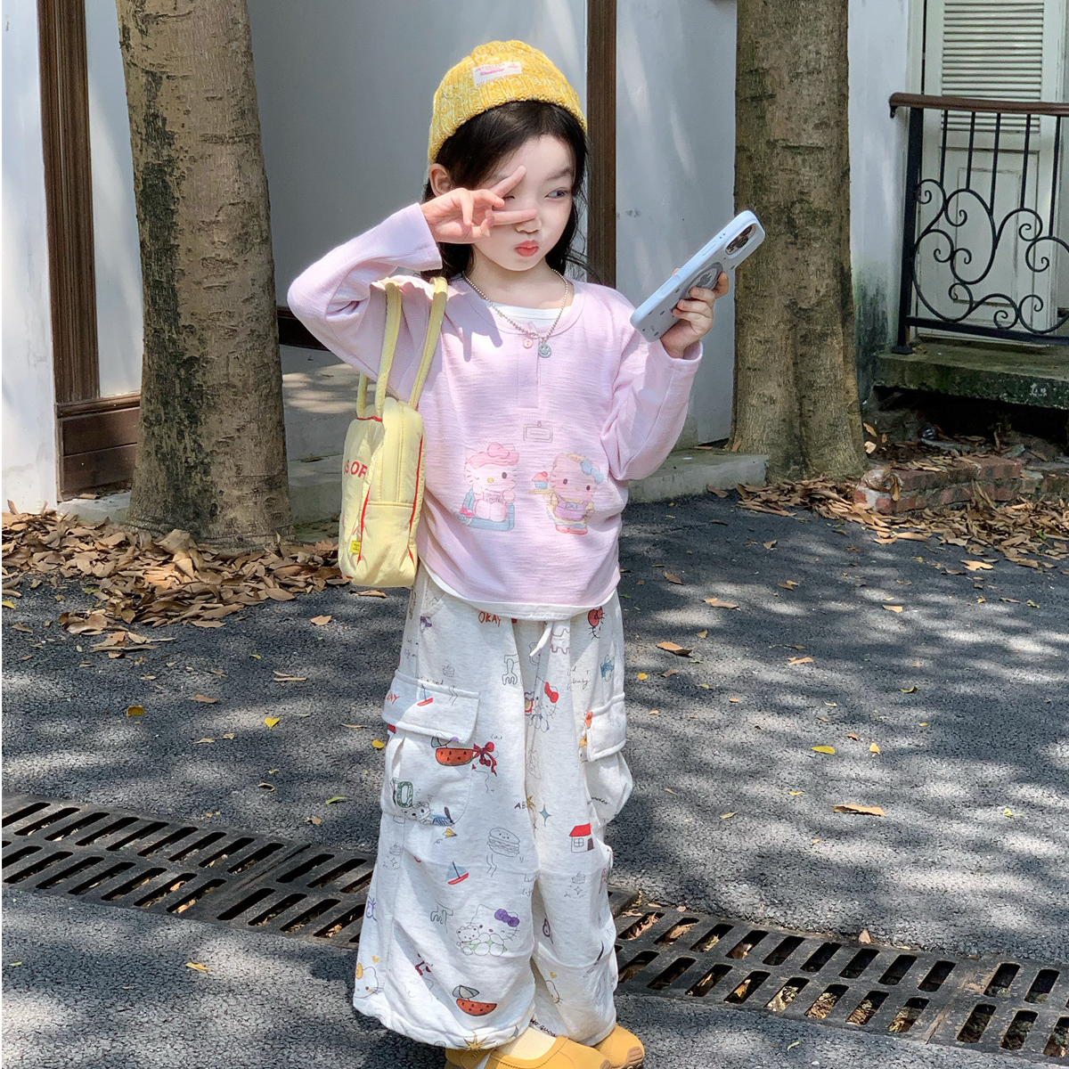空空子.Studio【桃气凯蒂】2025秋季女童洋气卡通上衣宝工装裤套装