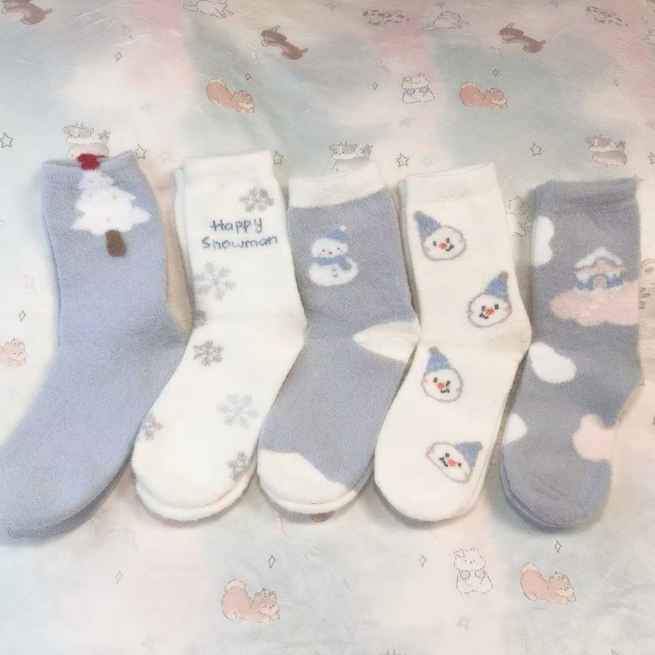 澳绒圣诞中筒袜冬日氛围感蓝色系加绒加厚可爱日常居家外穿保暖