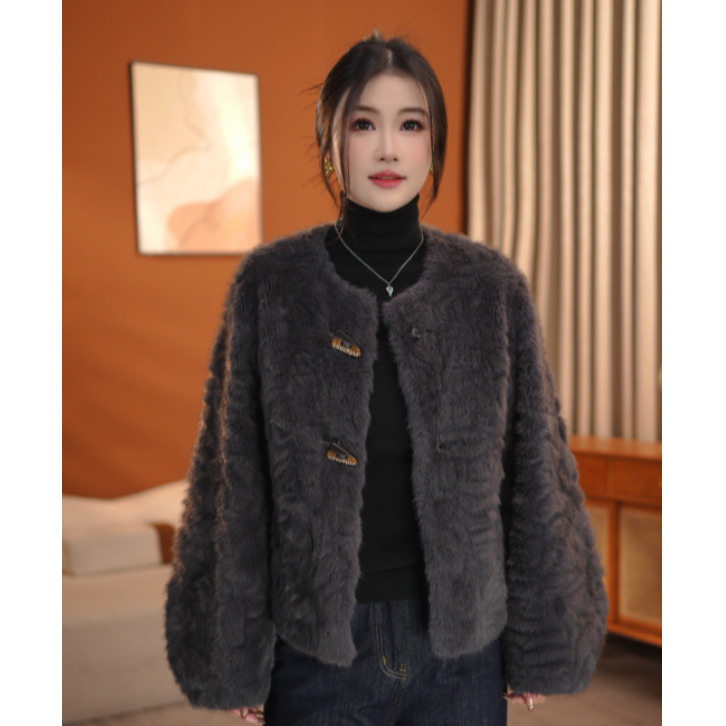 【十八】灰紫色女士短款毛毛外套设计师冬季气质精致-BDP95233