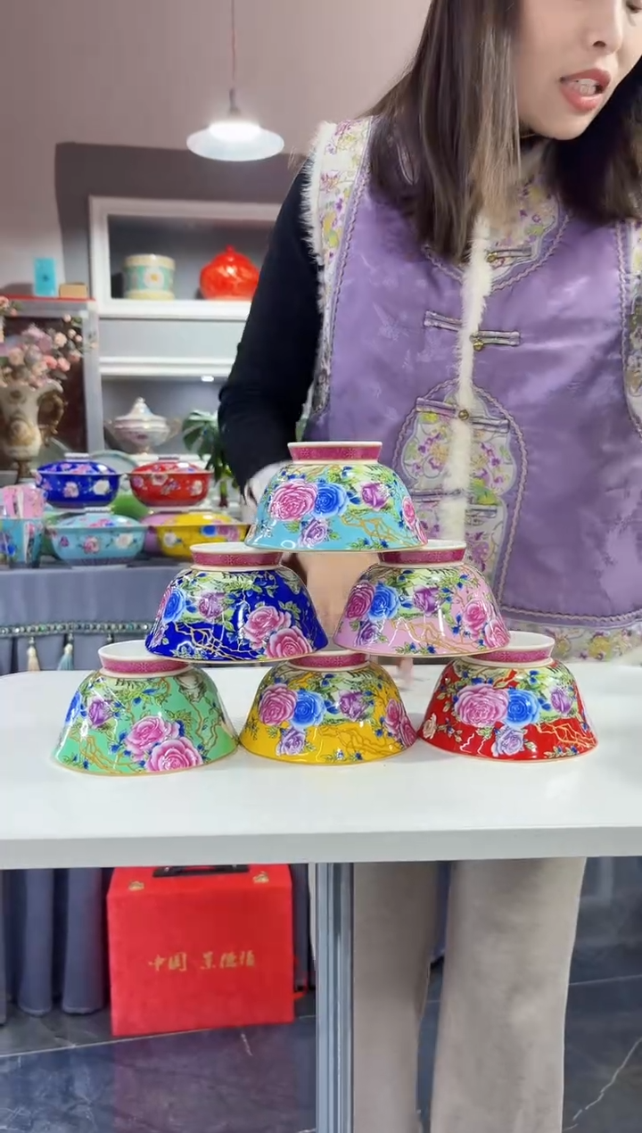 珐琅4.7英寸花口碗6个景德镇陶瓷混色 