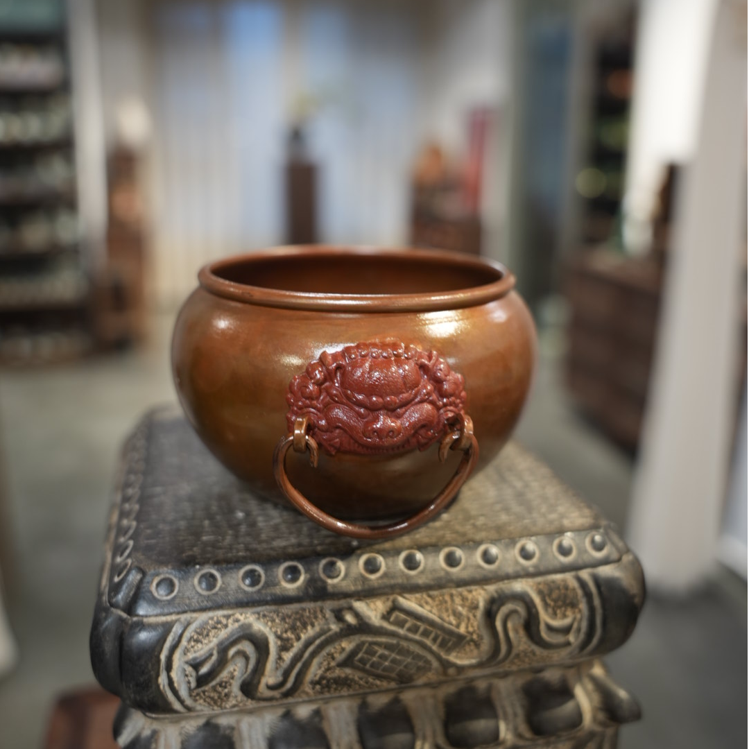 遇见.紫铜双狮双耳缸茶渣缸废水缸建水口径10.5高8.5茶道零配