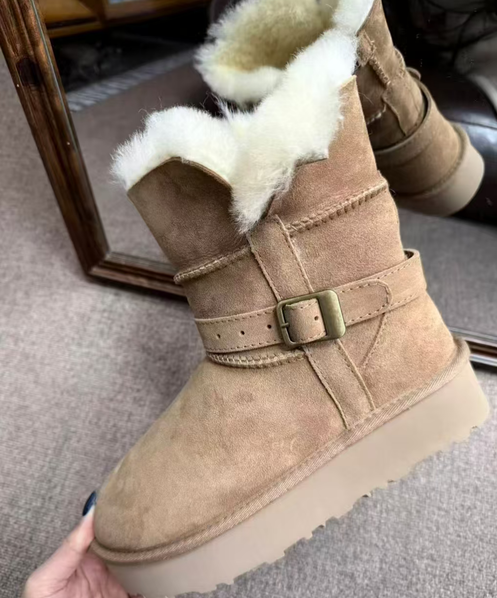 【河南桑坡3】桑坡雪地靴女冬新款骑士靴羊皮毛一体（低筒）