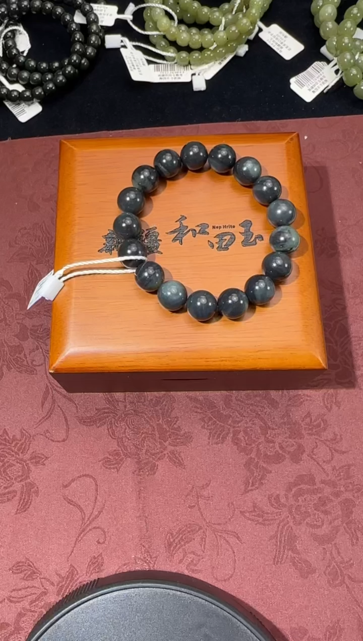 未镶嵌手串和田玉若羌聚墨青花微色差卡12圆珠手串