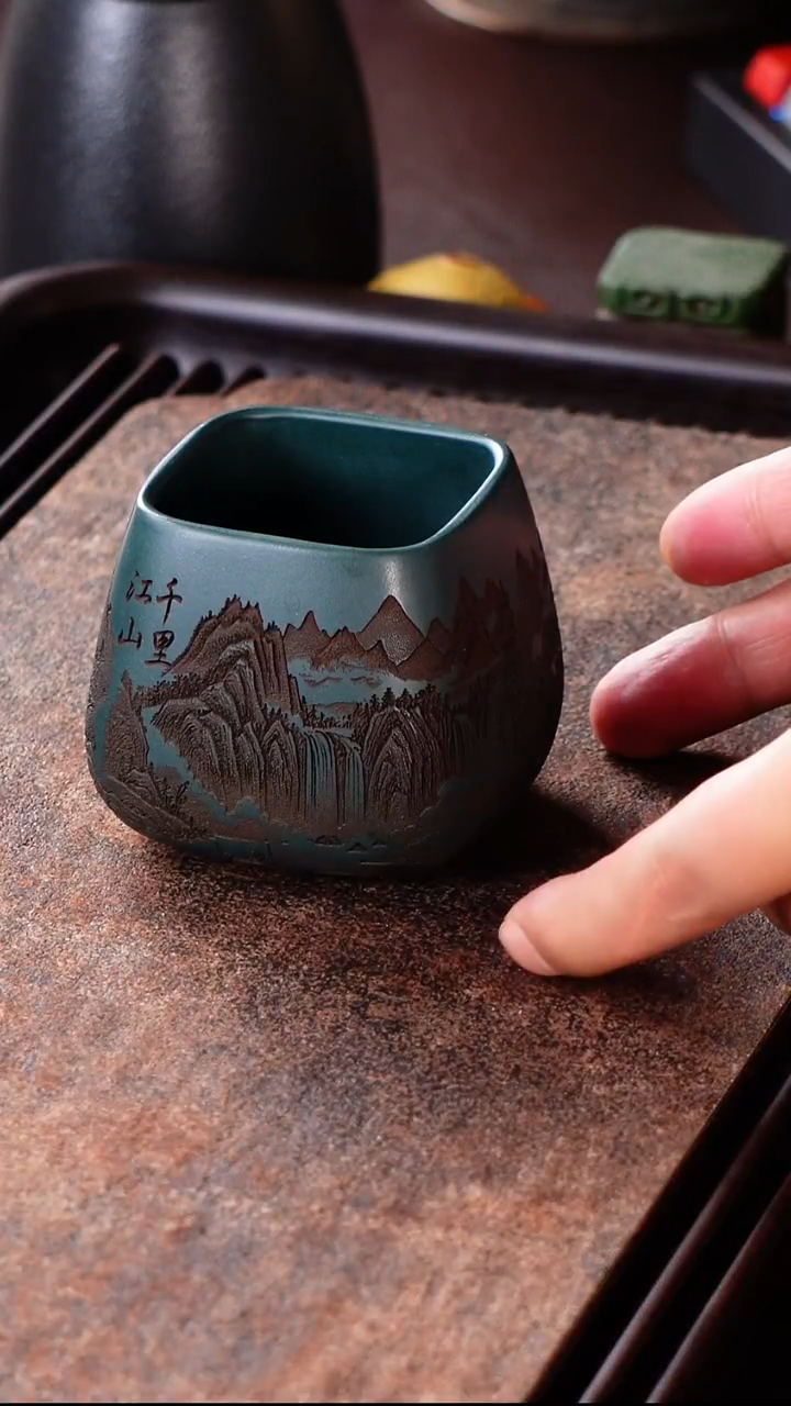 茶杯紫砂07精品方杯刻绘千里江山