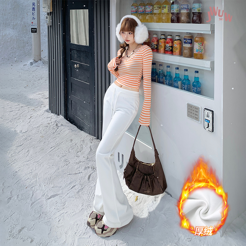 JWUW秋季加绒美式辣妹运动休闲裤女收腰显瘦微喇叭卫裤拖地长裤