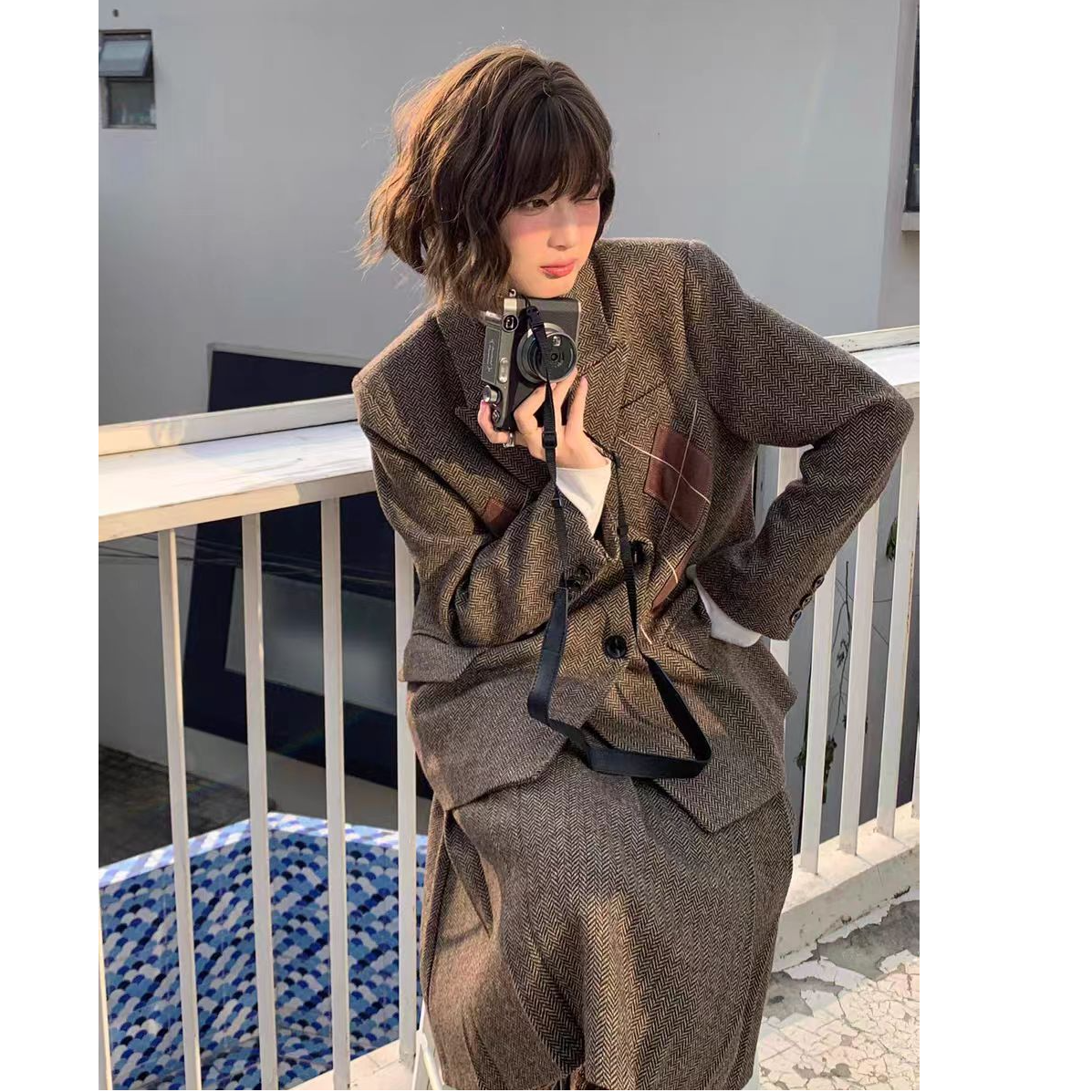 秋季新款复古套装长袖翻领设计感外套+高腰百搭显瘦半身裙0134