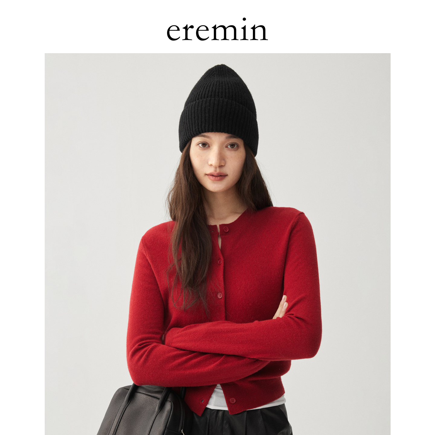 DE Mincollection正红开衫/全羊毛显白正肩合身版圆领针织衫