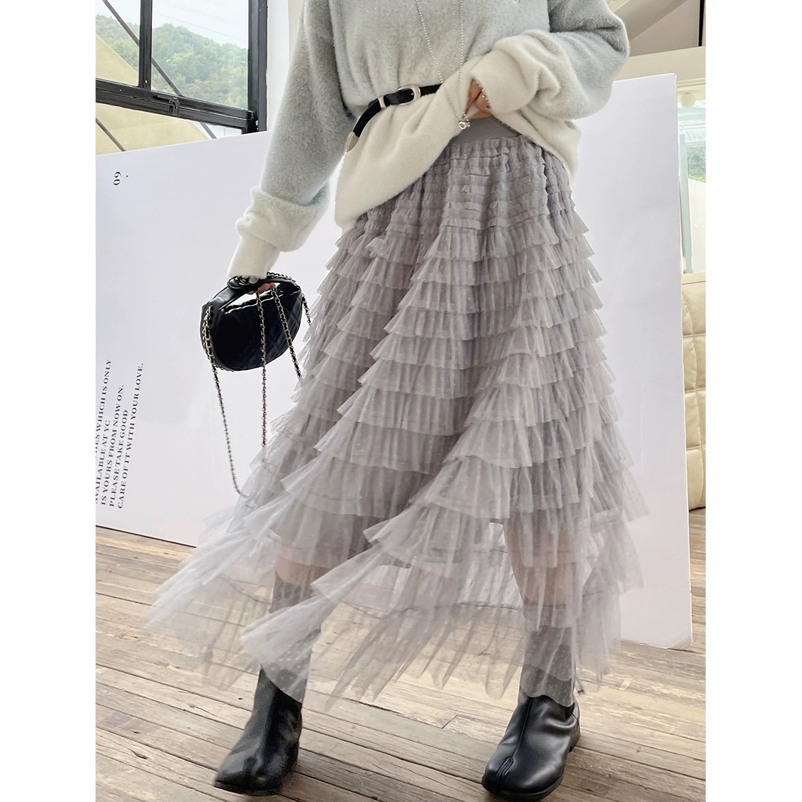 晶咕白标~落跑千金 层层压皱半身蛋糕纱裙秋冬时尚百搭网纱裙韩版