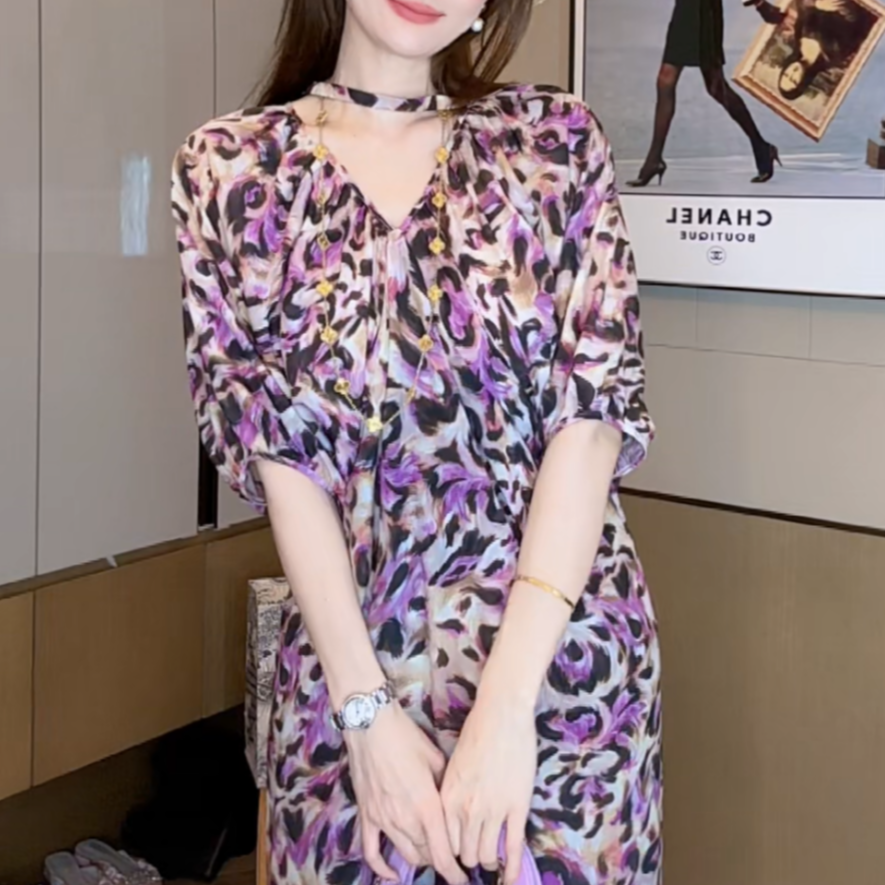 【丝芙玉禄】（S218）真丝双绉桑蚕丝气质印花减龄宽松女装连衣裙