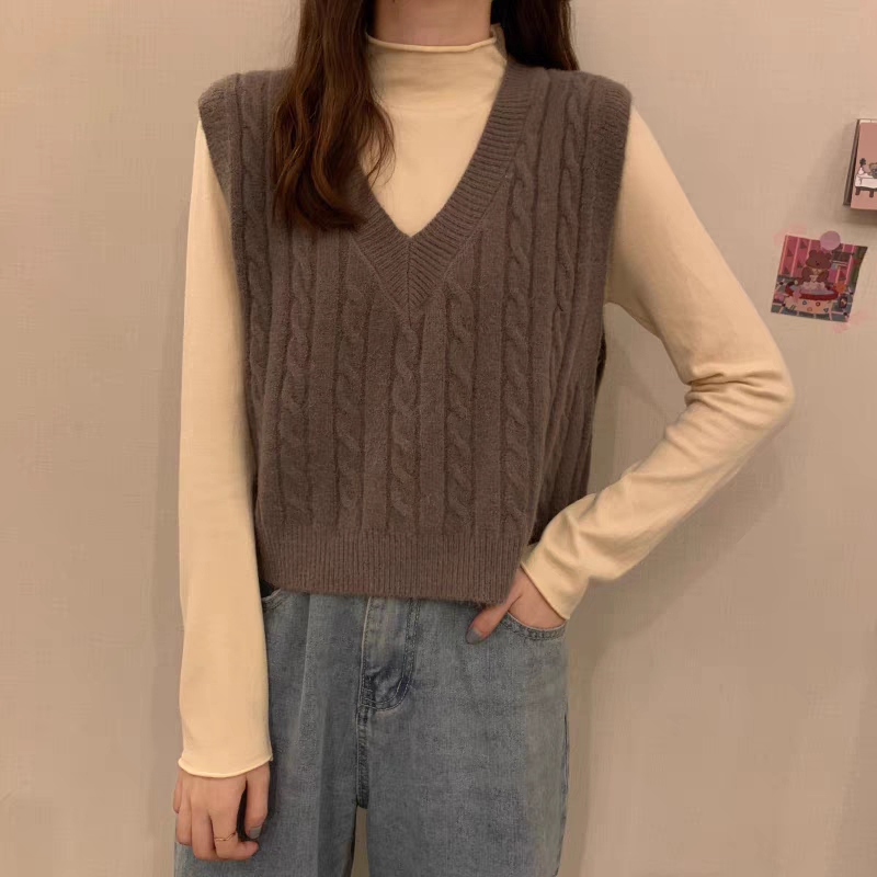 加厚麻花大V领套头马甲女士羊毛