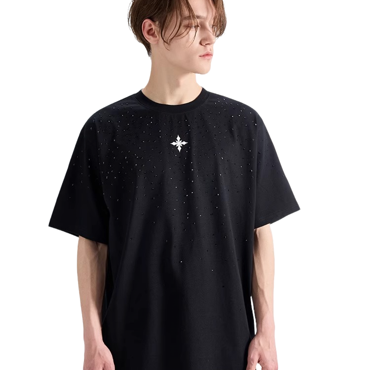 YLDP闪钻高街奢潮亮闪不规则手工烫钻廓形短袖T恤