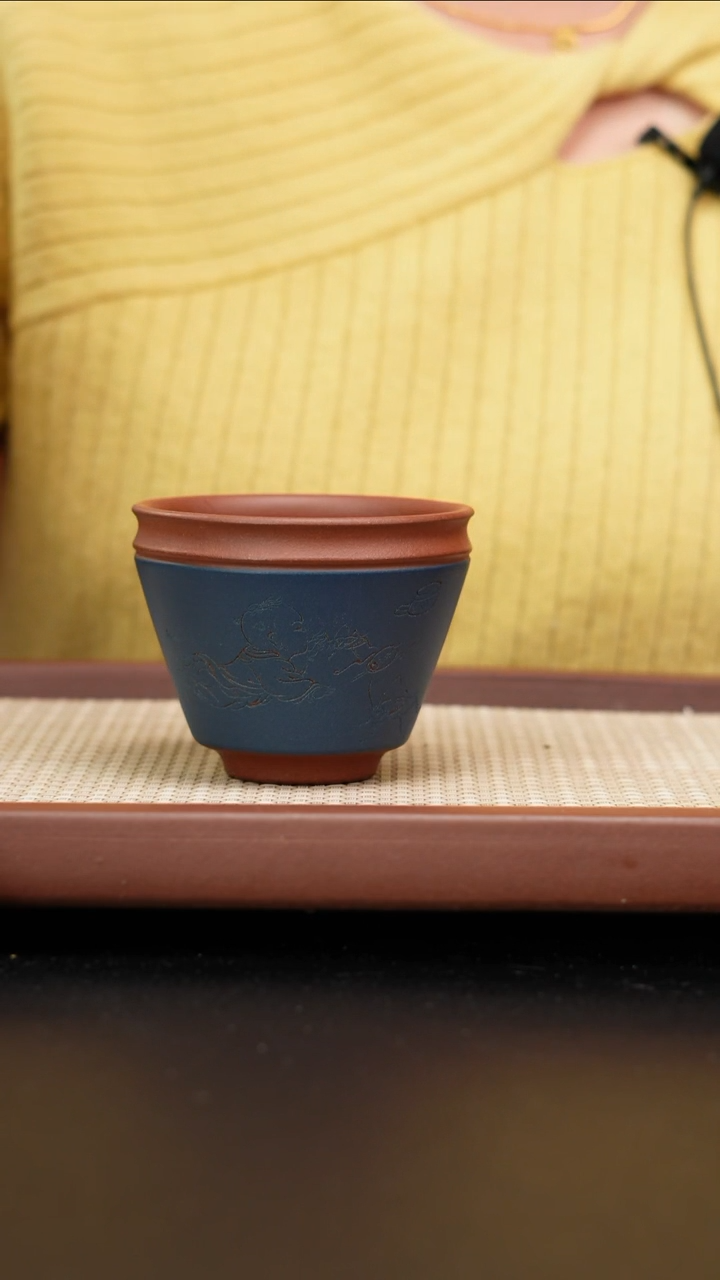 【闪购商品】紫砂茶壶底槽青粉浆杯刻绘童子图200cc