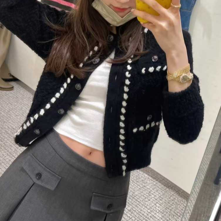 99新 Chanel/香奈儿 38码22B黑色拼白色滚边四口袋长袖外套