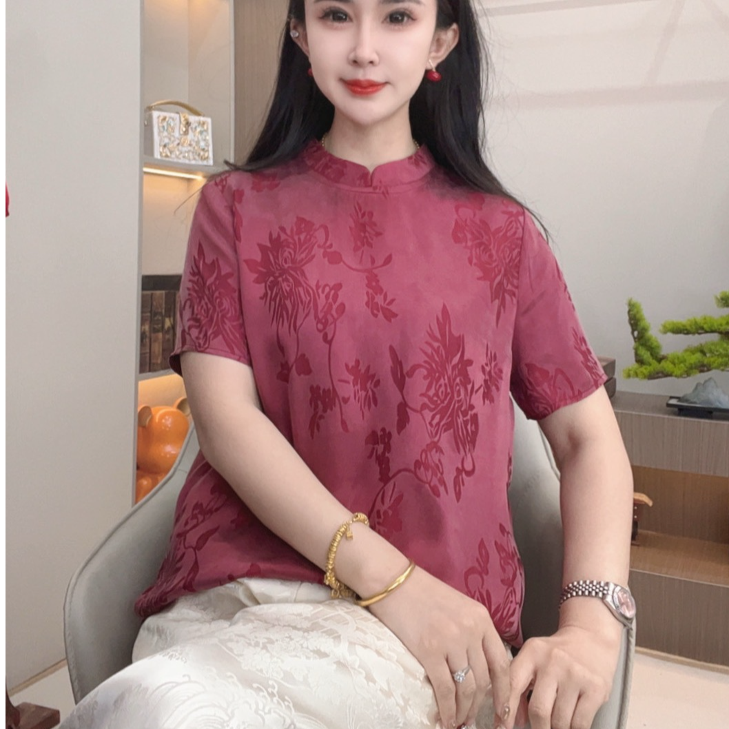 短袖【干枯玫瑰】新款改良女装新中式显瘦立领国风提花气质百搭上衣