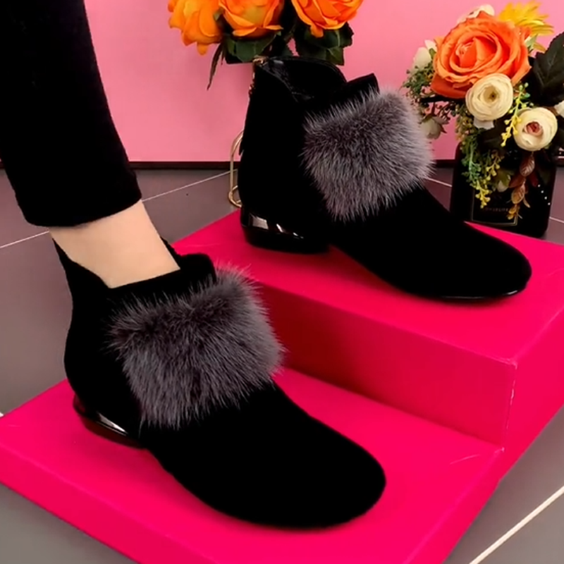 25软皮磨砂小短靴圆头中跟加绒低帮秋冬款毛毛棉靴气质加绒低跟鞋