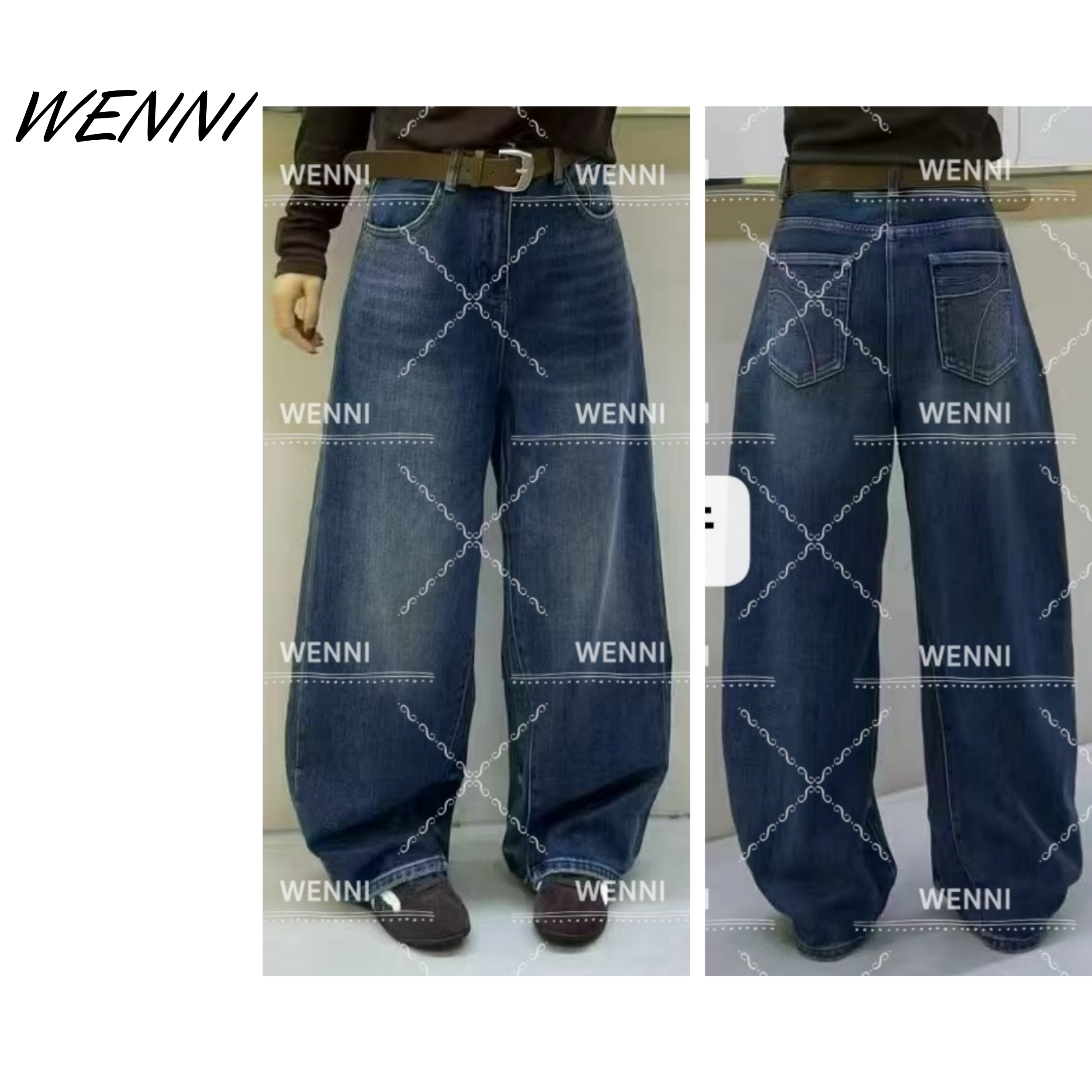 WENNI 【蓝调弯刀牛仔】美式复古宽松阔腿猫须纹水洗弯刀女牛仔裤