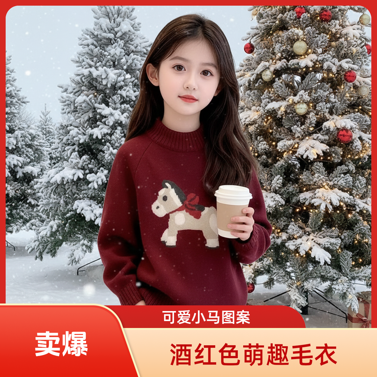 儿童马年新款毛衣加厚圆领卡通风长袖针织衫套头冬季韩版