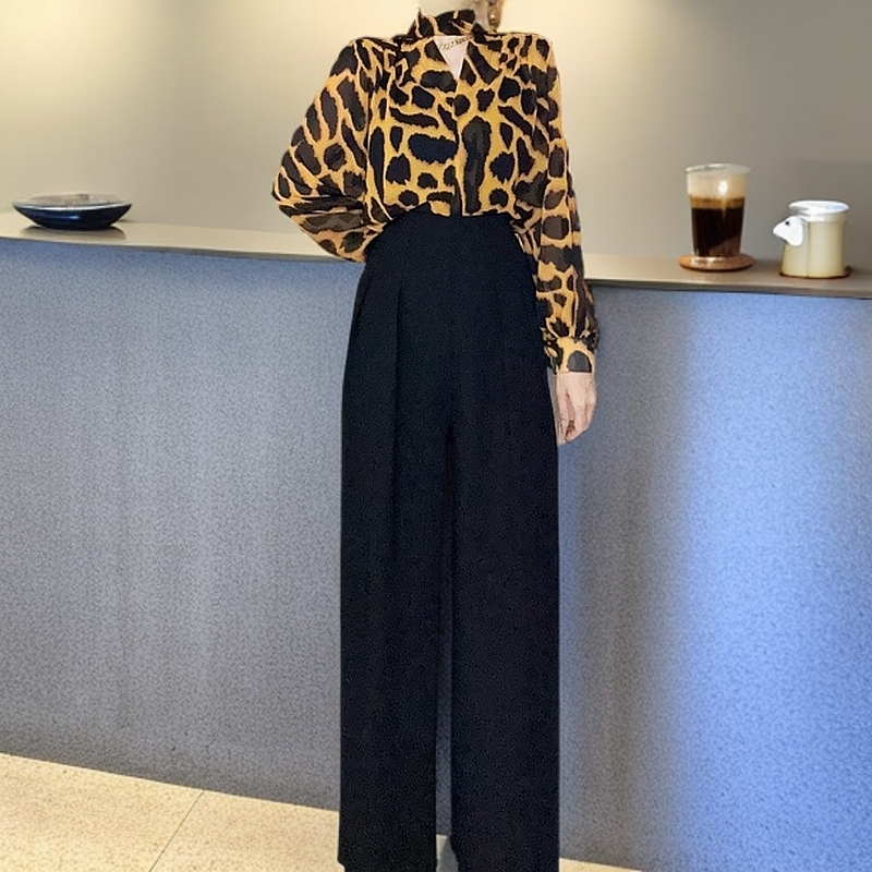 【Fiona原创】夏季新款（036）豹纹上衣+阔腿裤四件套气质显瘦套装