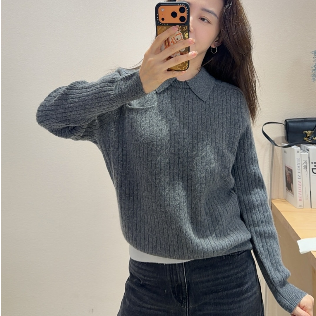 12针型 康赛妮aurora 100%纯山羊绒绞花小POLO马鞍肩翻领羊绒衫女