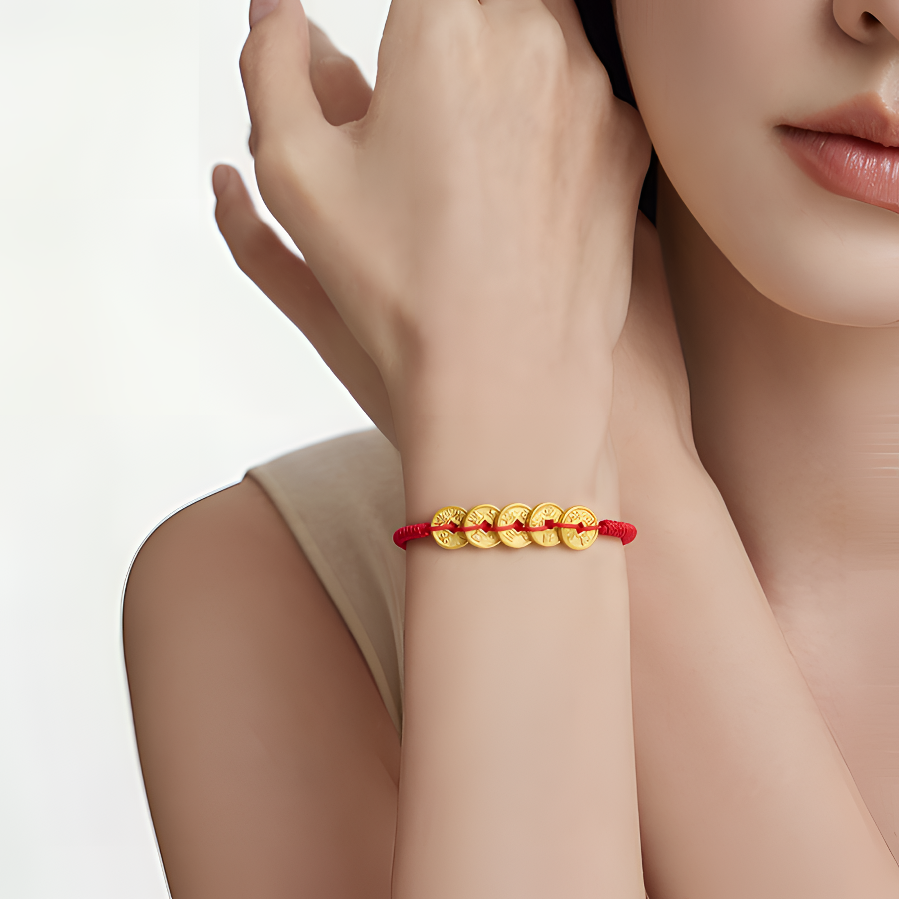 水贝黄金足金五帝钱币手链女999黄金编织本命年红手绳送女友情人