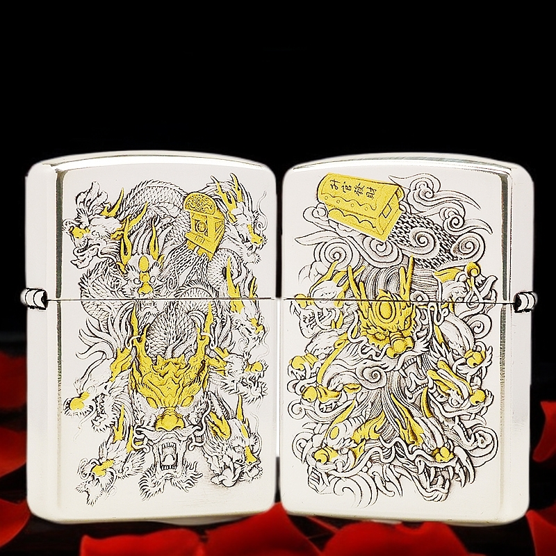 ZIPPO/之宝打火机镀银鎏金【九龙拉棺】原装正品煤油机DYJ1