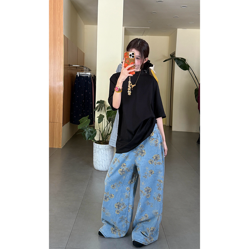 2025夏季新款宽松显瘦黑色圆领T恤上衣女时尚高腰提花蓝色牛仔裤