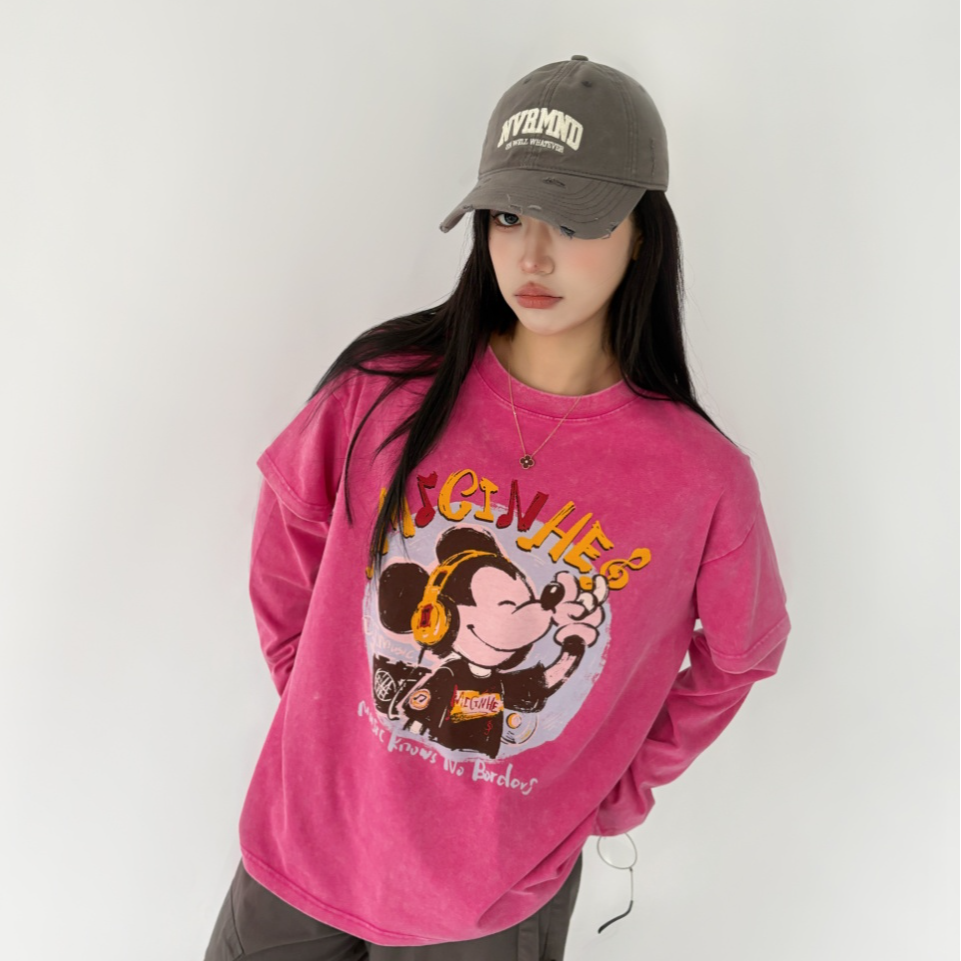 纸袋家秋冬新款「印花音乐米仔假两件长袖」09081全棉炒雪花T恤衫