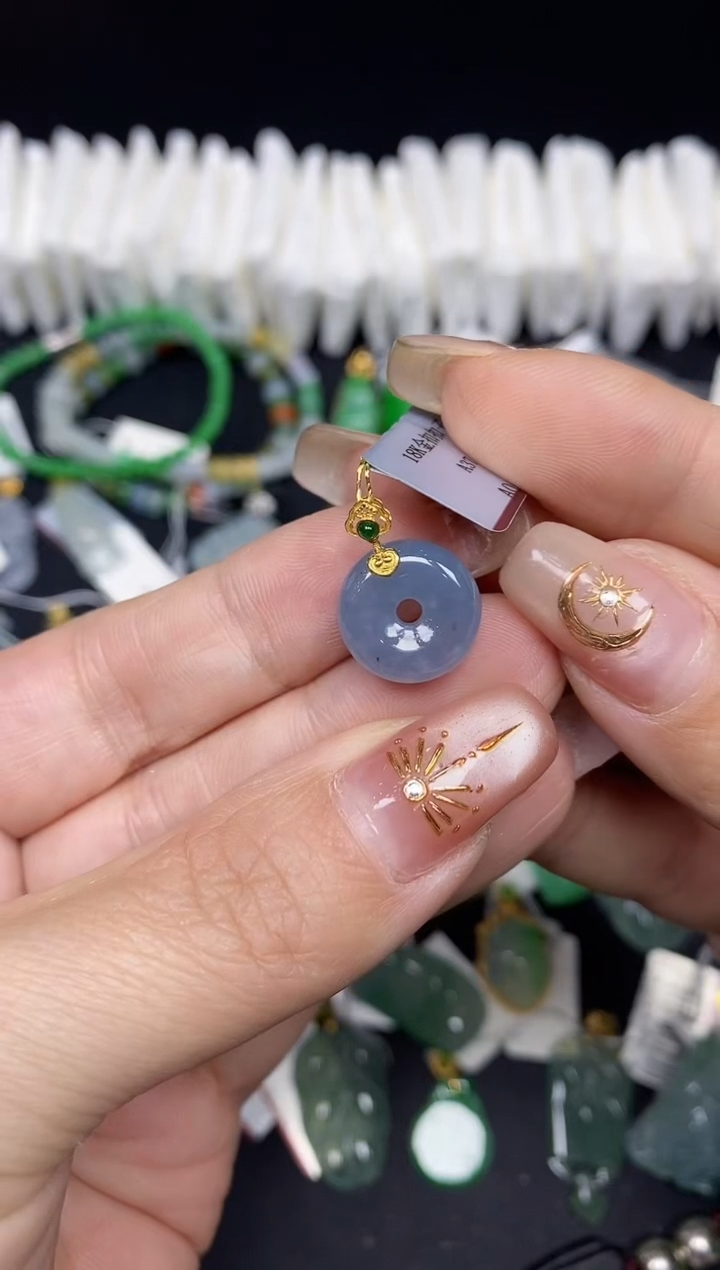 吊坠(不含链)18K金镶嵌翡翠平安扣18K金扣镶嵌@@A37-2