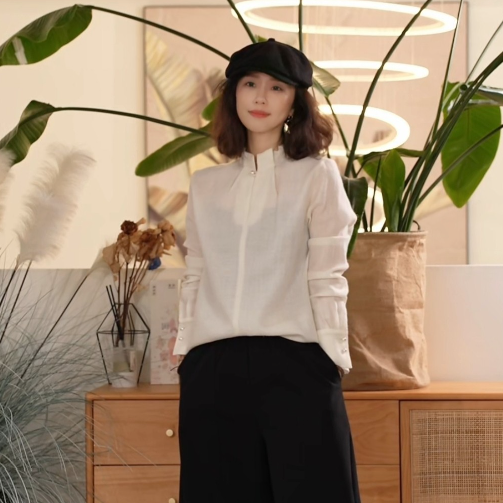 X【叭哒不惑】晚香 羊毛花苞领休闲新中式长袖衬衫百搭上衣女