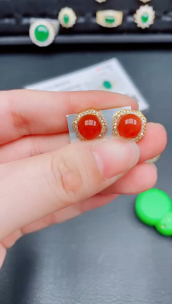 【闪购商品】玛瑙/玉髓耳钉银S925镶嵌天然a货翡翠349