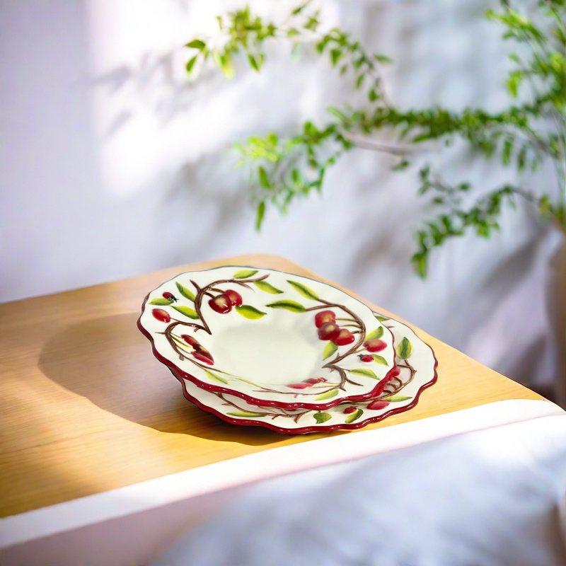 出口外单陶瓷樱桃7英寸碟手绘浮雕釉下彩