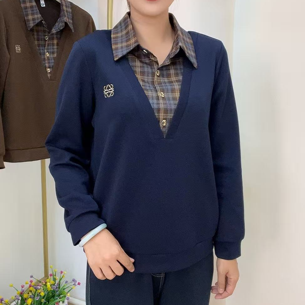 格子领套头休闲宽松假两件衫
